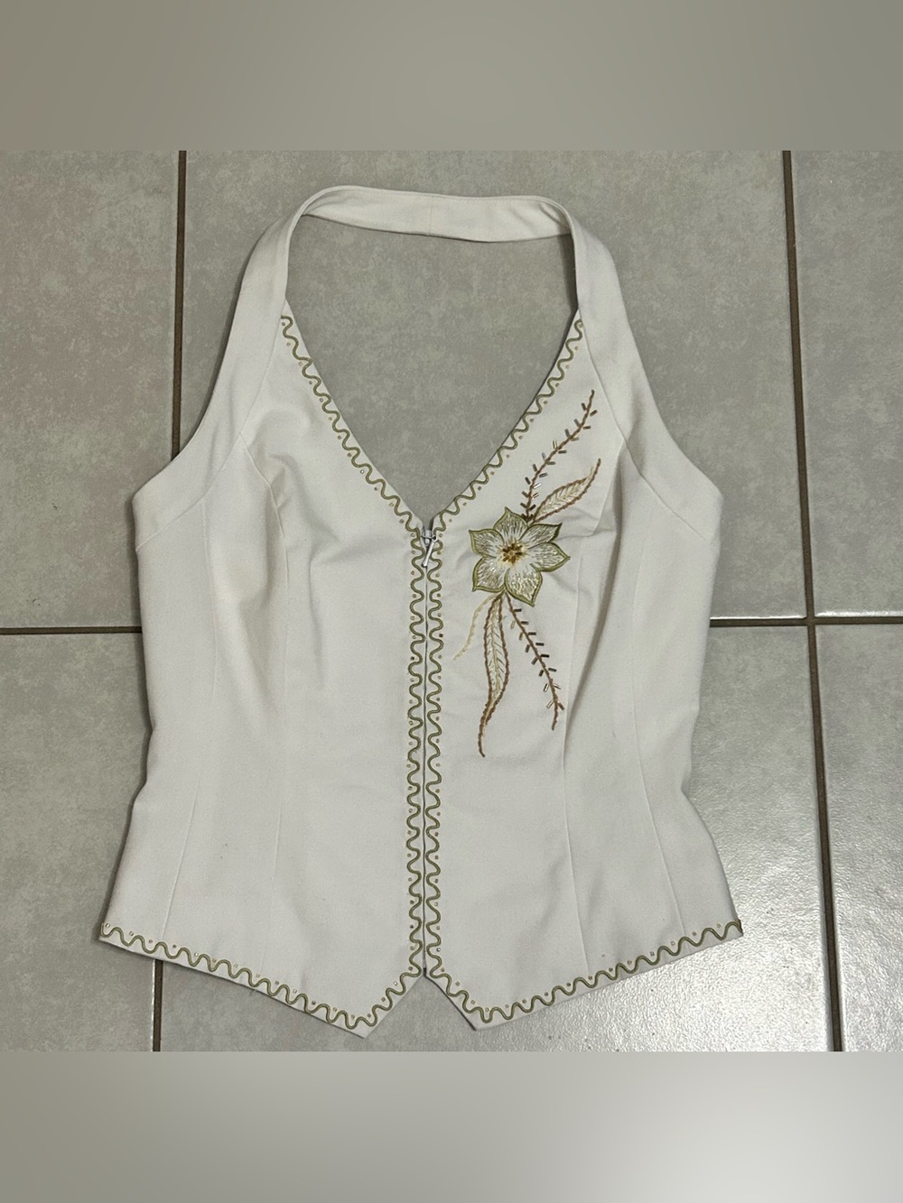 Cache White Halter Top with Green Embroidered Flower - Picture 4 of 7